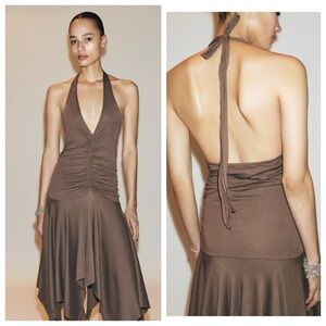 NWT Zara ASYMMETRIC HALTER DRESS brown S